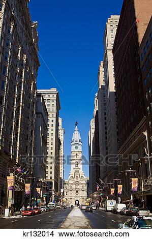 Picture - 2000S Looking Down Broad Street Avenue Of Arts Towards Philadelphia City Hall Winter Snow. Fotosearch
