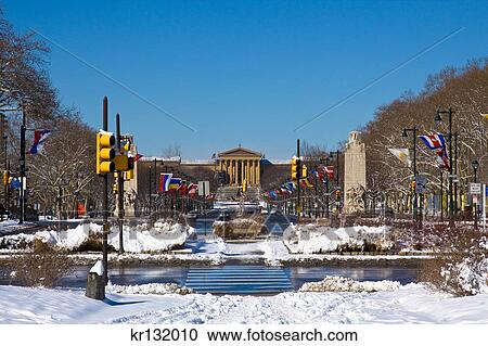 Stock Image - 2000S Philadelphia Museum Of Art From Snowy Benjamin Franklin Parkway Philadelphia. Fotosearch
