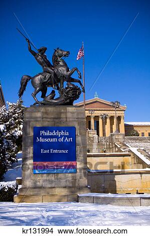 2000S Statue Of The Lion Fighter At East Entrance Philadelphia Museum Of Art In Winter Snow View Large Photo Image Picture - 2000S Statue Of The Lion Fighter At East Entrance Philadelphia Museum Of Art In Winter Snow. Fotosearch