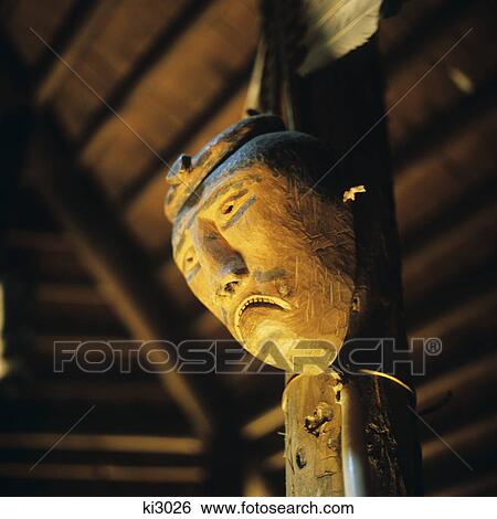 Stock Photograph - 2000S Wooden Ceremonial Mask Oconaluftee Indian Village Cherokee North Carolina Usa. Fotosearch