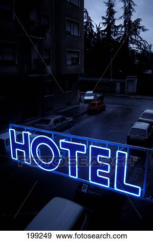 Blue Neon Hotel Sign View Large Photo Image Stock Photo - Blue Neon Hotel Sign. Fotosearch