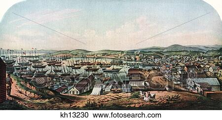 Stock Image - 1800S 1850 View Of San Franciso & Port From Telegraph Hill After A Sketch By Mcmurtrie . Fotosearch
