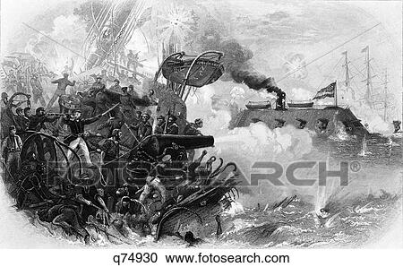 Stock Image - 1800S 1860S March 8 1862 Css Virginia Formerly The Merrimack An Iron Clad Confederate Ship At The Sinking Of Uss Cumberland At Hampton Roads. Fotosearch