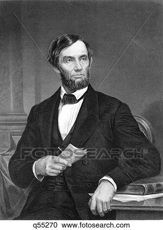 Stock Image - 1800S 1860S Portrait Abraham Lincoln President Holding The Emancipation Proclamation . Fotosearch