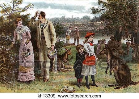 1800S 1880S 1881 Summer Picnic Scene Kangaroos Christmas Day In Australia View Large Photo Image Stock Photo - 1800S 1880S 1881 Summer Picnic Scene Kangaroos Christmas Day In Australia . Fotosearch