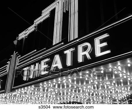 1930S 1940S Theater Marquee Theatre In Neon Lights View Large Photo Image Picture - 1930S 1940S Theater Marquee Theatre In Neon Lights. Fotosearch