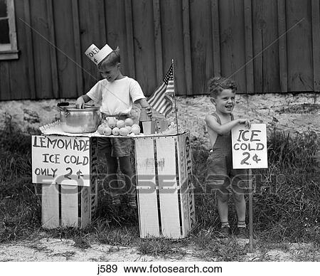 1940S Two Young Boys Selling Fresh Lemonade At Stand Summer View Large Photo Image Stock Photo - 1940S Two Young Boys Selling Fresh Lemonade At Stand Summer . Fotosearch