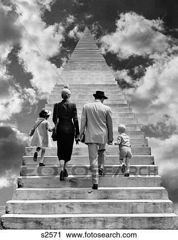Stock Image - 1950S Back View Montage Family Father Mother Daughter Son Walking Up Stairway Together Into The Sky Symbolic. Fotosearch