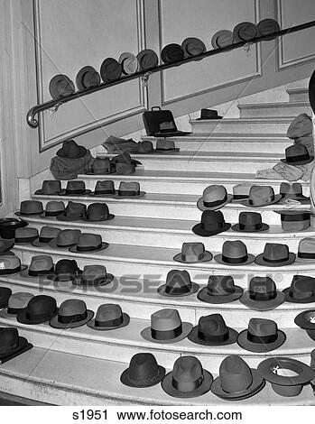 1950S Men'S Hats Coats Lined Up On Large Stairway Indoor View Large Photo Image Stock Image - 1950S Men'S Hats Coats Lined Up On Large Stairway Indoor. Fotosearch