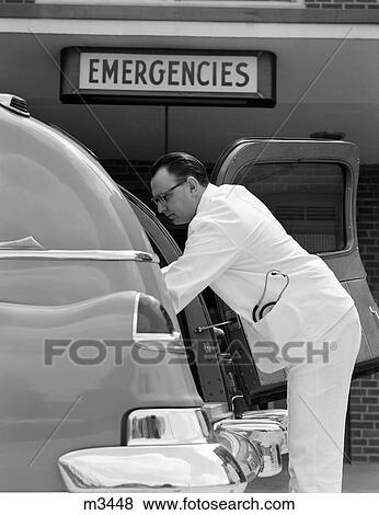 1950S Side View Of Ambulance Driver In White Uniform With Stethoscope In Pocket Opening Back Of Ambulance To Take Patient Out View Large Photo Image Stock Photo - 1950S Side View Of Ambulance Driver In White Uniform With Stethoscope In Pocket Opening Back Of Ambulance To Take Patient Out. Fotosearch