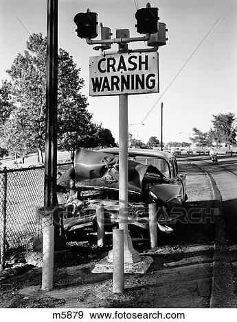 1960S 1950S Car Crashed Head-On Into Crash Warning Sign Pole Symbolic Outdoor View Large Photo Image Stock Photo - 1960S 1950S Car Crashed Head-On Into Crash Warning Sign Pole Symbolic Outdoor. Fotosearch