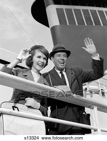 1960S Couple Husband And Wife Smiling Waving From Cruise Ship Outdoor View Large Photo Image Picture - 1960S Couple Husband And Wife Smiling Waving From Cruise Ship Outdoor. Fotosearch