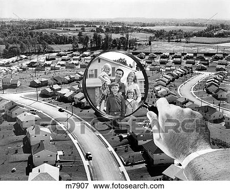 1960S Family Portrait In Magnifying Glass Superimposed Over Suburban Housing Development View Large Photo Image Stock Photo - 1960S Family Portrait In Magnifying Glass Superimposed Over Suburban Housing Development. Fotosearch