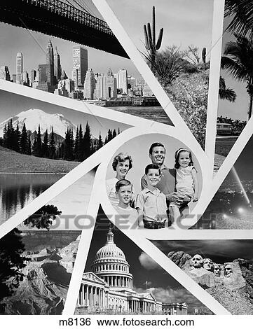 1960S Montage Portrait Of Family Mother Father Son Daughter In Sun Burst Pattern Of Usa Travel Vacation Destinations View Large Photo Image Stock Photograph - 1960S Montage Portrait Of Family Mother Father Son Daughter In Sun Burst Pattern Of Usa Travel Vacation Destinations. Fotosearch