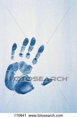 Stock Image - 1990S Blue Hand Print On White Wall. Fotosearch