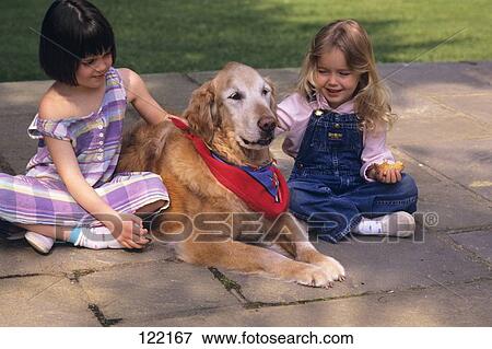 1990S Two Little Girls Sitting With Their Dog View Large Photo Image Stock Photo - 1990S Two Little Girls Sitting With Their Dog . Fotosearch