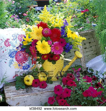 Bouquet Of Pink Yellow Purple Flowers In Yellow Watering Can In Garden View Large Photo Image Stock Image - Bouquet Of Pink Yellow Purple Flowers In Yellow Watering Can In Garden. Fotosearch