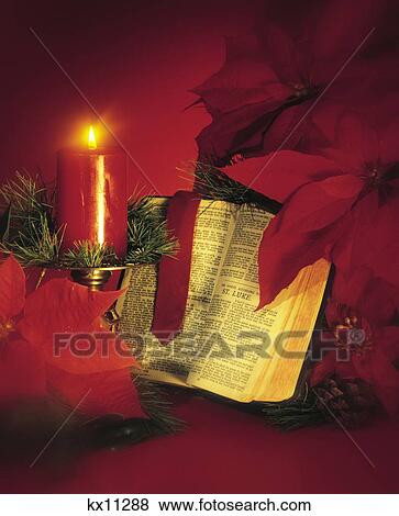 Christmas Still Life Red Candle Poinsettias And Open Bible View Large Photo Image Stock Photo - Christmas Still Life Red Candle Poinsettias And Open Bible. Fotosearch