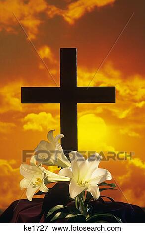 Cross With Lilies And Yellow Sunrise View Large Photo Image Stock Photo - Cross With Lilies And Yellow Sunrise. Fotosearch