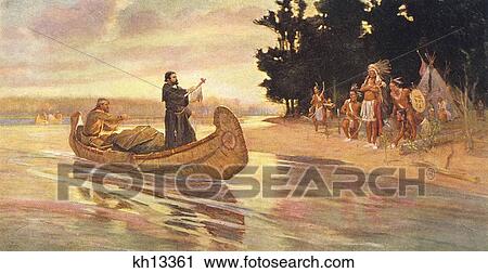 Stock Image - 1600S 1673 Father Marquette Missionary To Native Americans Explorer In Canoe Descending The Mississippi River . Fotosearch