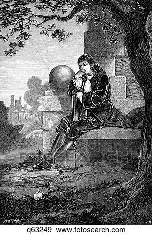 1600S Engraving Of Sir Isaac Newton As Young Man Sitting Under Apple Tree Pondering Dropping Apple And Gravity View Large Photo Image Stock Photo - 1600S Engraving Of Sir Isaac Newton As Young Man Sitting Under Apple Tree Pondering Dropping Apple And Gravity . Fotosearch