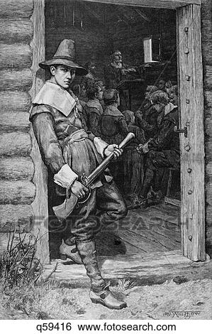 1600S Pilgrim Man Standing Guard Watch In Door Of Colonial Cabin With Musket Pilgrims Inside Eating Thanksgiving Meal View Large Photo Image Stock Photograph - 1600S Pilgrim Man Standing Guard Watch In Door Of Colonial Cabin With Musket Pilgrims Inside Eating Thanksgiving Meal. Fotosearch