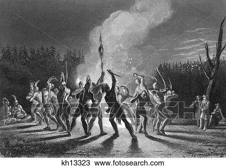 Stock Image - 1700S 1748 Surveyor George Washington & Thomas Fairfax Watch An Indian War Dance . Fotosearch