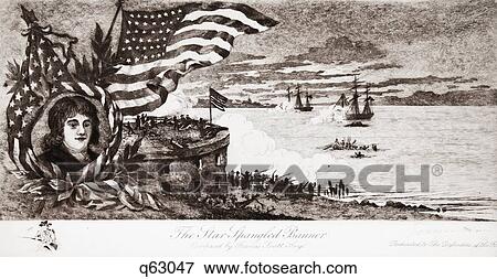 Stock Photo - 1800S 1810S Scene Battle Fort Mchenry Baltimore Harbor With Inset Of Francis Scott Key War Of 1812 . Fotosearch