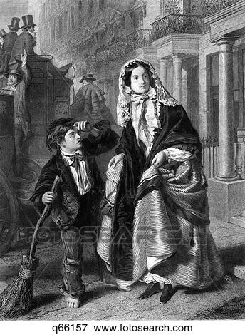 1800S 1850S The Crossing Sweeper Victorian London Street Urchin With Broom Tips Hat At Lady View Large Photo Image Stock Photo - 1800S 1850S The Crossing Sweeper Victorian London Street Urchin With Broom Tips Hat At Lady. Fotosearch