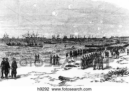 Stock Image - 1800S 1860S Federal Troops Beng Landed For Attack On Fort Fisher On Cape Fear Near Wilmington North Carolina January 1864. Fotosearch
