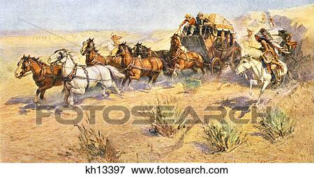 Stock Photo - 1800S 1860S Overland Stage Coach Being Attacked By Native American Indians Stagecoach American West . Fotosearch