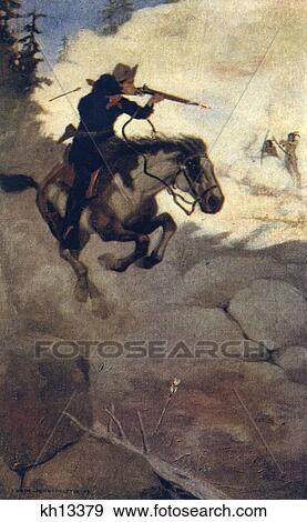 Stock Photo - 1800S 1860S Pony Express Rider Shooting At Attacking Indians Fast Mail Service Ending In October 1861 . Fotosearch