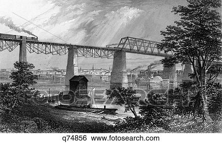 Stock Photograph - 1800S 1870S 1872 View Of Louisville Ky Railroad Bridge Over Ohio River With A Steamboat Skyline. Fotosearch