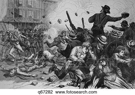Stock Image - 1800S 1870S Great Railroad Strike 1877 Maryland National Guard Troops Firing On Mob Striking Workers Baltimore & Ohio Strike. Fotosearch