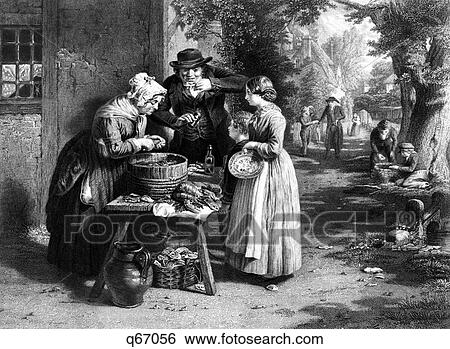 Stock Photograph - 1800S First Day Of Oysters At Open Air Fish Monger'S Stand Woman Shucking Oysters For Customers By Greatbatch . Fotosearch