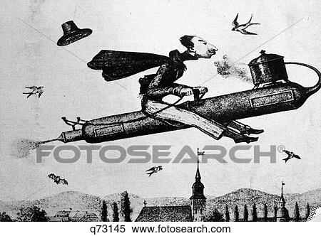 1840S 1800S Illustration Cartoon Of Man Flying Riding A Steam Rocket In The Sky View Large Photo Image Stock Photography - 1840S 1800S Illustration Cartoon Of Man Flying Riding A Steam Rocket In The Sky. Fotosearch