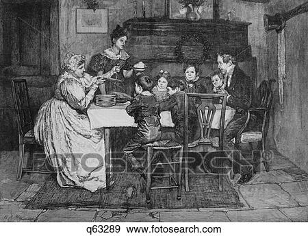Stock Photo - 1840S 1843 Charles Dickens Christmas Carol Bob Cratchit Christmas Dinner Illustration By Edwin Abbey . Fotosearch