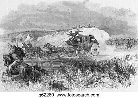 Stock Image - 1860S 1866 On The Plains Indians Attacking Butterfield'S Overland Dispatch Coach Illustration By Theodore Davis. Fotosearch