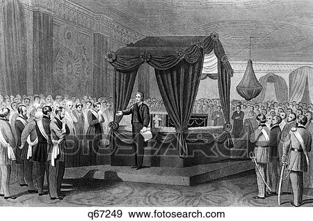 Stock Photo - 1860S April 1865 Funeral Rites For President Abraham Lincoln Coffin Lying In A Catafalque In The East Room Of The White House. Fotosearch