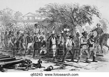 Stock Image - 1860S Illustration Civil War Morning Mustering Contraband African American Workers Day Laborers At Fortress Monroe Virginia Usa. Fotosearch