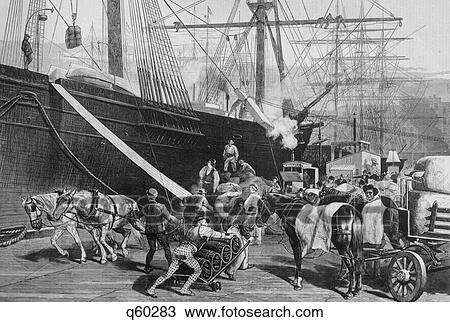 Stock Image - 1870S 1877 Illustration Stevedores Unloading Freight From Sailing Vessel At New York City Dock. Fotosearch