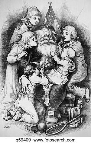 1870S 1879 Thomas Nast Illustration Merry Christmas Santa Claus Surrounded By Five Children With Christmas Gifts Toys View Large Photo Image Stock Photo - 1870S 1879 Thomas Nast Illustration Merry Christmas Santa Claus Surrounded By Five Children With Christmas Gifts Toys. Fotosearch