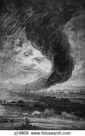 1880S 1882 Illustration Cyclone Over Farmland Kansas Lightning Storm View Large Photo Image Stock Photo - 1880S 1882 Illustration Cyclone Over Farmland Kansas Lightning Storm . Fotosearch