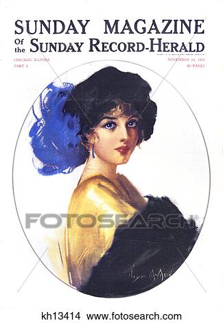 Picture - 1900S 1910S Portrait Stylish Woman Wear Black Hat Blue Feather November 1912 Sunday Magazine Cover . Fotosearch