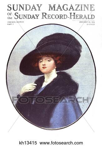 Stock Photography - 1900S 1910S Stylish Woman Portrait Wear Large Black Hat Blue Coat Fur Trim January 1911 Sunday Magazine Cover . Fotosearch