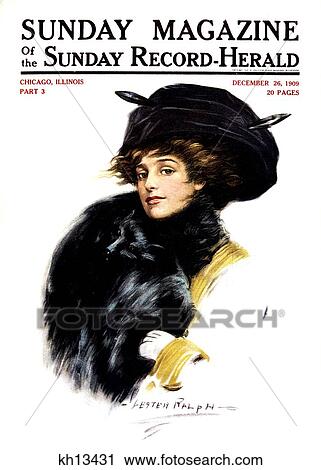 Stock Image - 1900S Portrait Of Victorian Woman In Fur Hat Collar And Muff Stylish Clothes Cover Of Sunday Magazine December 1909 . Fotosearch
