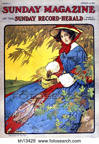 1900S Portrait Woman Under Autumn Tree Stylish Blue Dress Holding Basket Of Chestnuts Magazine Cover October 15 1905 View Large Photo Image Stock Photo - 1900S Portrait Woman Under Autumn Tree Stylish Blue Dress Holding Basket Of Chestnuts Magazine Cover October 15 1905 . Fotosearch