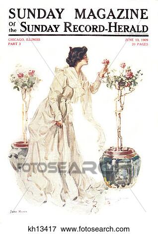 1900S Woman Picking Rose From Topiary Rose Bush Wearing Long Dress Cover Of Sunday Magazine June 1909 View Large Photo Image Stock Photo - 1900S Woman Picking Rose From Topiary Rose Bush Wearing Long Dress Cover Of Sunday Magazine June 1909 . Fotosearch