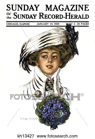 1900S Woman Wearing Stylish Hat Clothes Portrait Holding Bouquet Of Violets January 10 1909 Magazine Cover View Large Photo Image Stock Photo - 1900S Woman Wearing Stylish Hat Clothes Portrait Holding Bouquet Of Violets January 10 1909 Magazine Cover . Fotosearch