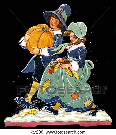 Stock Photograph - 1930S Illustration Boy And Girl Dressed As Pilgrims Carrying Pumpkin Fall Harvest Vegetables Thanksgiving . Fotosearch